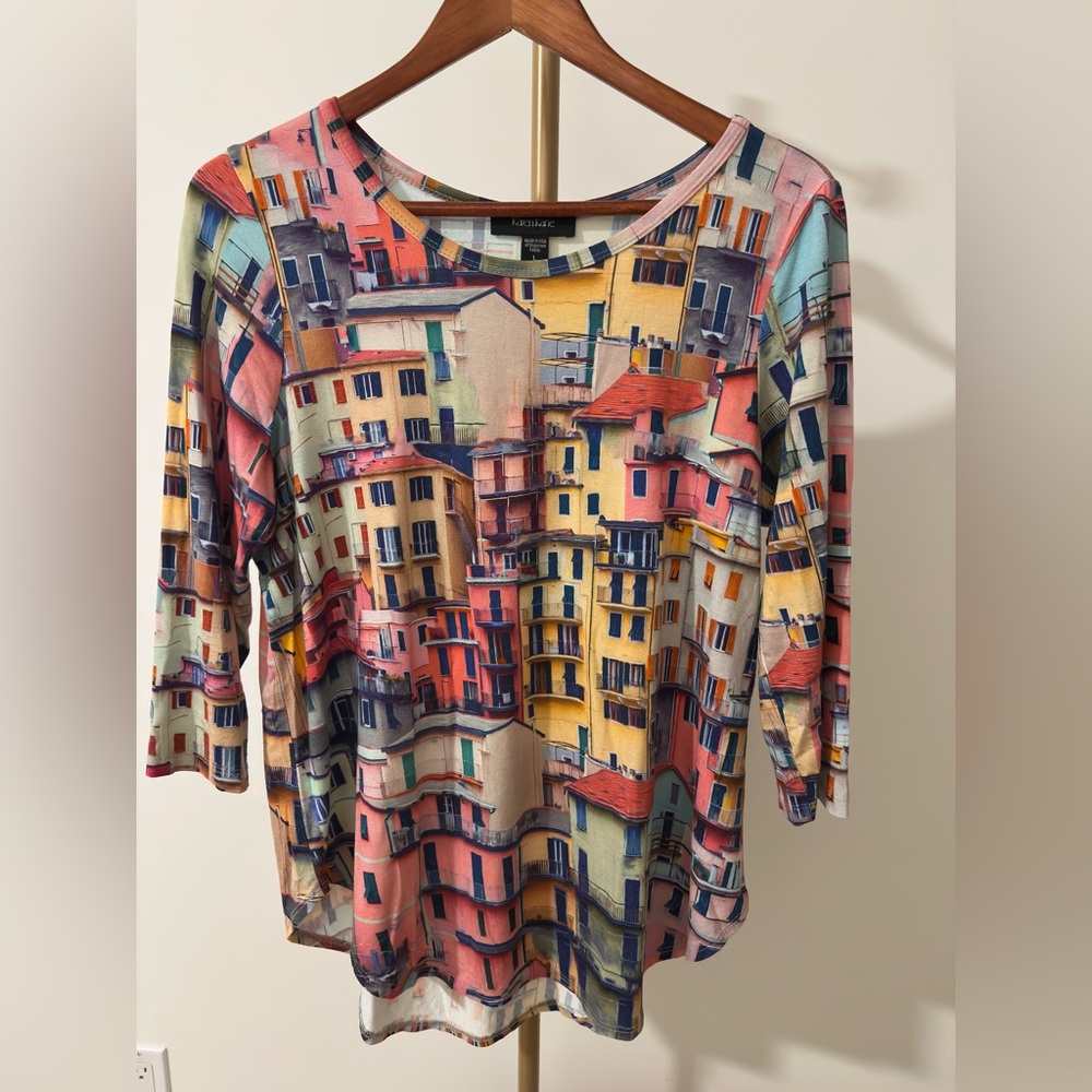 Karen Kane Window Storefront Print Top Colorful Artistic 3/4 Sleeve Large